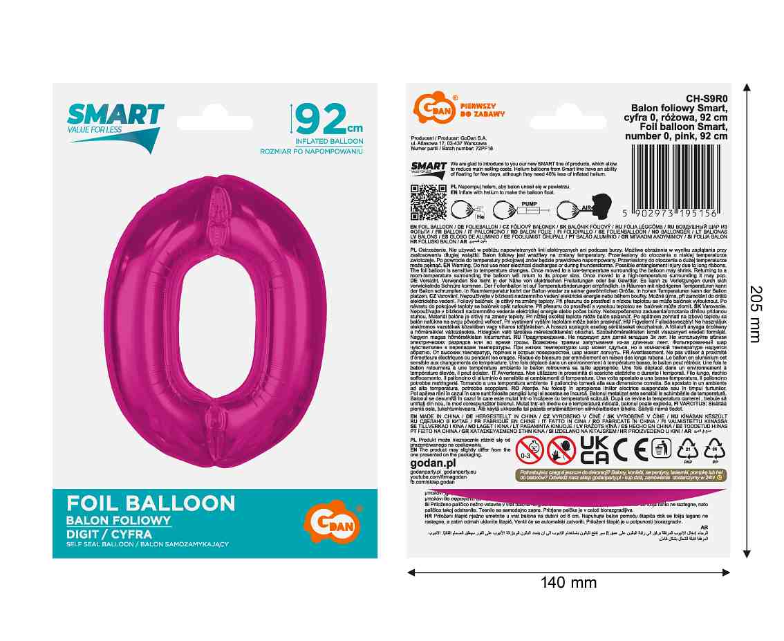 Balon foliowy Smart cyfra 0 różowa 92cm CH-S9R0 GoDan